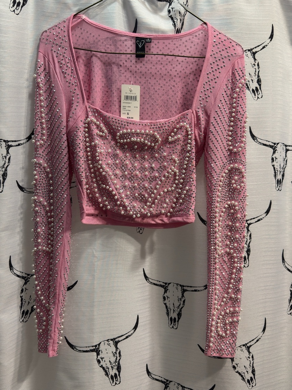 Windsor Pink Pearl & Rhinestone Long Sleeve Crop Top
